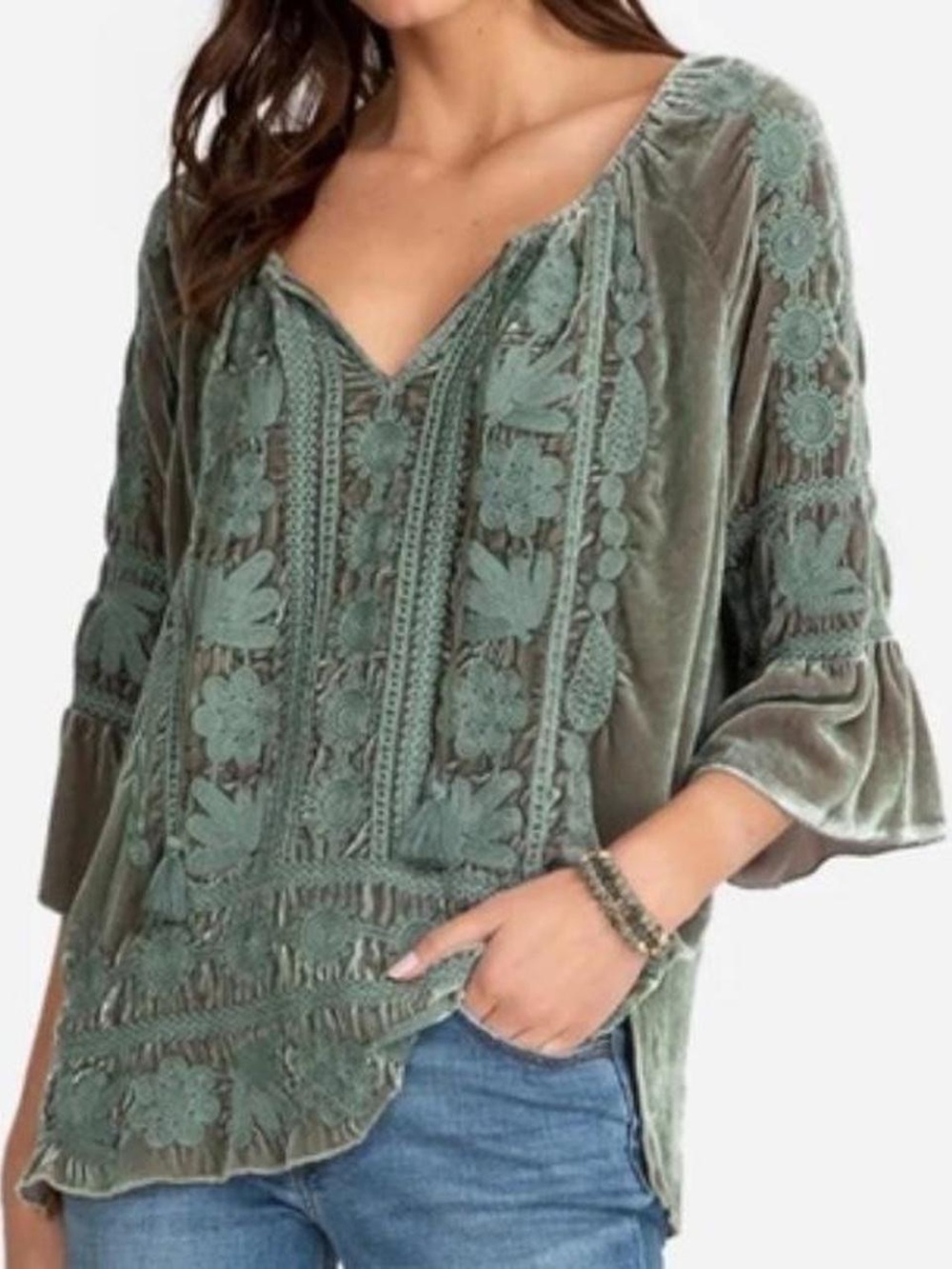 Johnny Was Yasmine Sage green velvet bell sleeve top size large